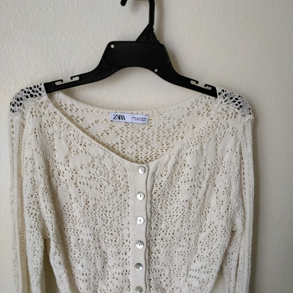 Zara Women's Pointelle Knit Cardigan Sweater Button Down in Cream Size M Cottage - Picture 2 of 7